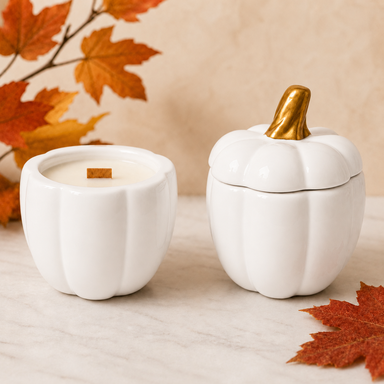White Ceramic Pumpkin Candle - Pumpkin Chai Scent